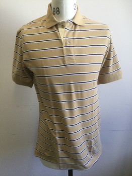 HATHAWAY, Tan Brown, Navy Blue, White, Cotton, Polyester, Stripes - Horizontal , Tan with Navy and White Horizontal Stripes, Pique Jersey, Short Sleeves, Solid Tan Rib Knit Collar Attached, 2 Button Front, Doubles,
