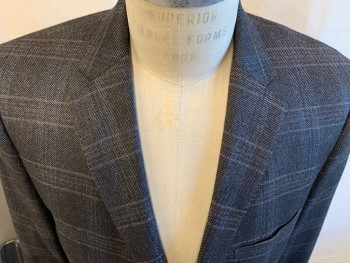 ETRO, Black, White, Brown, Gray, Blue, Wool, Silk, 2 Color Weave, Plaid, 2 Buttons,  Notched Lapel, 3 Pockets,