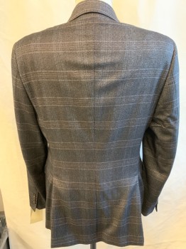 ETRO, Black, White, Brown, Gray, Blue, Wool, Silk, 2 Color Weave, Plaid, 2 Buttons,  Notched Lapel, 3 Pockets,