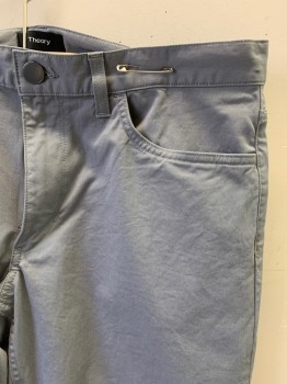 Mens, Casual Pants, THEORY, Lt Gray, Cotton, Elastane, Solid, 27.5, 35, Light Gray Cotton Stretch, 5 Pockets, Zip Fly, Belt Loops, Slim Straight