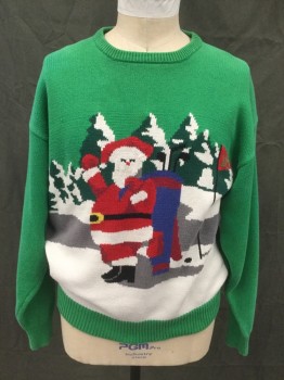 JOHN ASHFORD GOLF, Green, White, Red, Cotton, Holiday, Green with Santa Playing Golf in the Snow, Stretched Out Ribbed Knit Crew Neck, Long Sleeves, Ribbed Knit Cuff/Waistband