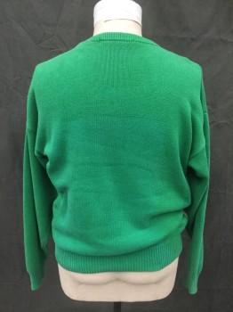 JOHN ASHFORD GOLF, Green, White, Red, Cotton, Holiday, Green with Santa Playing Golf in the Snow, Stretched Out Ribbed Knit Crew Neck, Long Sleeves, Ribbed Knit Cuff/Waistband