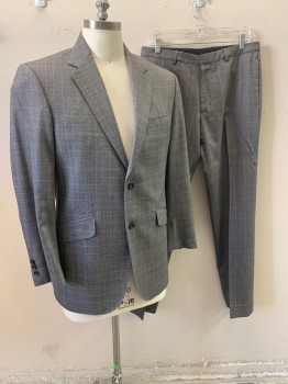 BANANA REPUBLIC, Gray, Black, Lt Blue, Wool, Acetate, Glen Plaid, Notched Lapel, Single Breasted, Button Front, 2 Buttons, 3 Pockets, Single Back Vent
