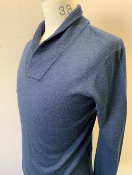 Mens, Pullover Sweater, JOHN VARVATOS, Slate Blue, Wool, Acrylic, Solid, M, Knit, Textured Shawl Collar with Wrapped V-neck, Long Sleeves