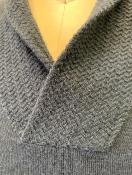 JOHN VARVATOS, Slate Blue, Wool, Acrylic, Solid, Knit, Textured Shawl Collar with Wrapped V-neck, Long Sleeves