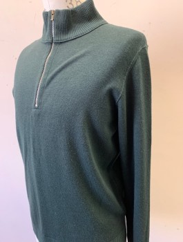 CP COMPANY, Dk Green, Wool, Solid, Knit, Long Sleeves, Stand Collar with 1/2 Zipper Closure at Neck