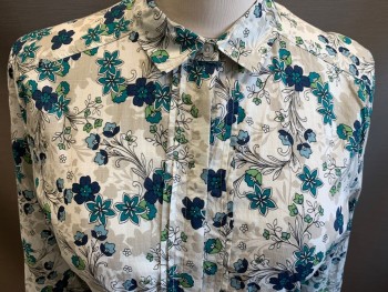 Womens, Blouse, LAURA SCOTT, White, Lt Gray, Navy Blue, Teal Green, Green, Cotton, Floral, L, 3/4 Sleeves, Button Front, Collar Attached, Knife Pleat Center Front,