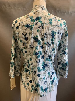 Womens, Blouse, LAURA SCOTT, White, Lt Gray, Navy Blue, Teal Green, Green, Cotton, Floral, L, 3/4 Sleeves, Button Front, Collar Attached, Knife Pleat Center Front,