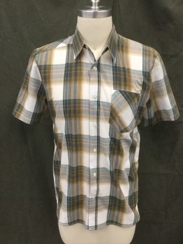 VOLCOM, White, Teal Blue, Goldenrod Yellow, Cotton, Polyester, Plaid, Button Front, Collar Attached, Short Sleeves, 1 Pocket, Back Triangular Yoke, 1 Small Hole in Left Shoulder