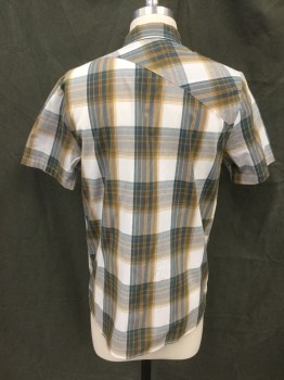 Mens, Casual Shirt, VOLCOM, White, Teal Blue, Goldenrod Yellow, Cotton, Polyester, Plaid, S, Button Front, Collar Attached, Short Sleeves, 1 Pocket, Back Triangular Yoke, 1 Small Hole in Left Shoulder