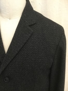 Mens, Coat, Overcoat, TOPMAN, Black, Charcoal Gray, Wool, 40, L, Honeycomb Pattern, Button Front, Collar Attached, Notched Lapel, 2 Pockets, Long Sleeves
