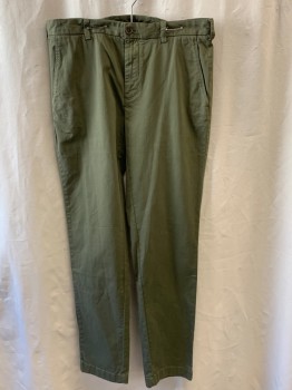 BROOKS BROTHERS, Olive Green, Cotton, Spandex, Solid, Side Pockets, Zip Front, Button Closure, Flat Front, 2 Back Pockets with Button Closure