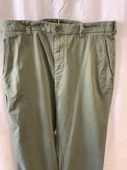 Mens, Casual Pants, BROOKS BROTHERS, Olive Green, Cotton, Spandex, Solid, 34/34, Side Pockets, Zip Front, Button Closure, Flat Front, 2 Back Pockets with Button Closure
