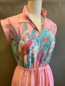 Q R, Bubble Gum Pink, Sea Foam Green, Lavender Purple, Lt Brown, Polyester, Floral, Stretchy Fabric, Cap Sleeve, Stand Collar with Self Ruffle, V-neck, Micro Pleated Texture at Bodice, Elastic Waist, Knee Length, **With Matching Sash Belt