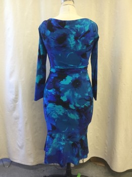 Womens, Dress, Long & 3/4 Sleeve, CHIARA BONI, Blue, Ice Blue, Teal Green, Black, Polyamide, Elastane, Floral, Abstract , 12, Abstract Floral Watercolor Print, Surplice Top, Long Sleeves, Wrap Skirt with Ruffle, Self Front Attached Belt with Florette