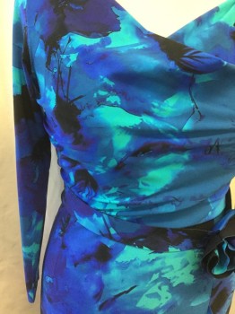 Womens, Dress, Long & 3/4 Sleeve, CHIARA BONI, Blue, Ice Blue, Teal Green, Black, Polyamide, Elastane, Floral, Abstract , 12, Abstract Floral Watercolor Print, Surplice Top, Long Sleeves, Wrap Skirt with Ruffle, Self Front Attached Belt with Florette