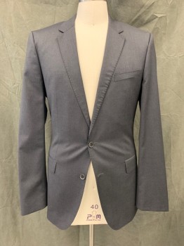 HUGO BOSS, Charcoal Gray, Wool, Heathered, Single Breasted, Collar Attached, Notched Lapel, Hand Picked Collar/Lapel, 2 Buttons,  3 Pockets (interior Label Says 42L, Altered to Be a 40L)