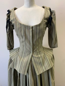 Womens, Historical Fict 2 Piece Dress, N/L MTO, Olive Green, Beige, Brown, Lt Brown, Cotton, Stripes - Vertical , W:24, B:32, BODICE- Busy Striped Pattern, Tie on 3/4 Sleeves, Scoop Neck, Hidden Hook & Eye Closures at Front, Tab Detail at Waist,  Made To Order Reproduction *Missing Buttons in Front? There are Button Holes But No Buttons