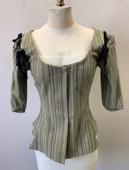N/L MTO, Olive Green, Beige, Brown, Lt Brown, Cotton, Stripes - Vertical , BODICE- Busy Striped Pattern, Tie on 3/4 Sleeves, Scoop Neck, Hidden Hook & Eye Closures at Front, Tab Detail at Waist,  Made To Order Reproduction *Missing Buttons in Front? There are Button Holes But No Buttons