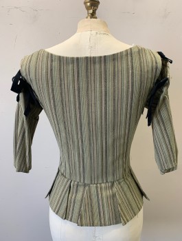 Womens, Historical Fict 2 Piece Dress, N/L MTO, Olive Green, Beige, Brown, Lt Brown, Cotton, Stripes - Vertical , W:24, B:32, BODICE- Busy Striped Pattern, Tie on 3/4 Sleeves, Scoop Neck, Hidden Hook & Eye Closures at Front, Tab Detail at Waist,  Made To Order Reproduction *Missing Buttons in Front? There are Button Holes But No Buttons