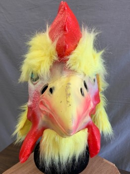 MTO, Yellow, Red, Synthetic, Rubber, Solid, Chicken Head, Rubber Face and Comb, Long Yellow Faux Fur Back
