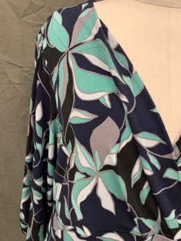 ALFANI, Navy Blue, Mint Green, Gray, Polyester, Spandex, Floral, Surplice Top, Wide Peplum, 3/4 Sleeve with Elastic Cuff
