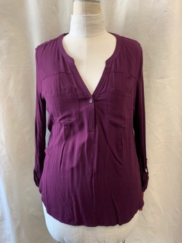 MERONA, Plum Purple, Rayon, Cotton, Solid, V-neck, Half Placket, 1 Button, 2 Patch Pocket, Long Sleeves with Tab & Button