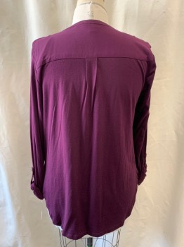 MERONA, Plum Purple, Rayon, Cotton, Solid, V-neck, Half Placket, 1 Button, 2 Patch Pocket, Long Sleeves with Tab & Button