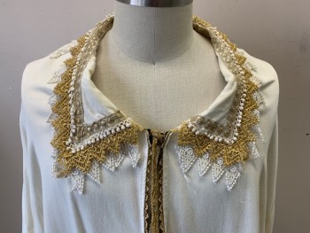 Mens, Historical Fiction Shirt, MTO, Cream, Gold, Cotton, Polyester, Solid, C 56, Long Sleeves, Pullover, Split V-neck, Gold Crochet Lace Trim & Cream Crochet Lace Trim Collar & Cuffs, 3 Gold Ribbon Tie Neck,