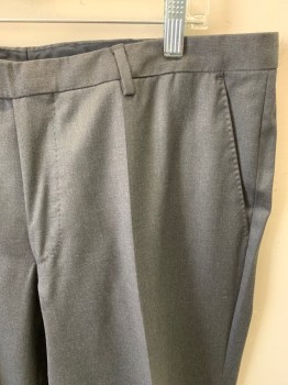 BOSS, Dk Gray, Wool, Solid, Pants, Zip Front, Extended Waistband, 4 Pockets, Flat Front