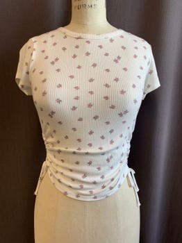 Womens, Top, SKY & SPARROW, White, Pink, Green, Rayon, Spandex, Floral, S, Round Neck, Short Sleeves, Rib Knit,  Ruching with Ties at Sides