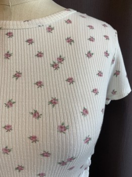 Womens, Top, SKY & SPARROW, White, Pink, Green, Rayon, Spandex, Floral, S, Round Neck, Short Sleeves, Rib Knit,  Ruching with Ties at Sides