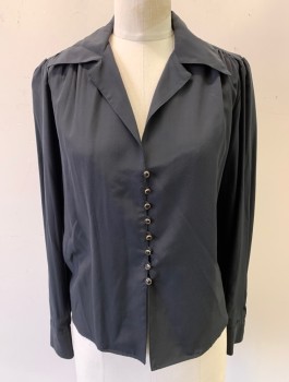 Womens, Blouse, NILI LOTAN, Black, Silk, Solid, S, Long Puffy Sleeves, Black & Gold Buttons, Camp Collar, V-Neck, Fitted