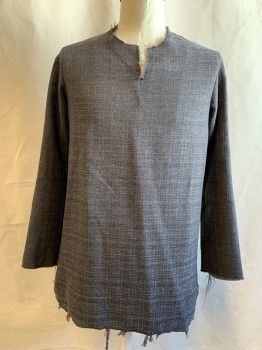 Mens, Historical Fiction Tunic, MTO, Charcoal Gray, Cotton, Basket Weave, Ch 46, Peasant, V Slit Neck, Raw Edges, Long Sleeves, Raw Hems, Side Seam Slits, Multiples