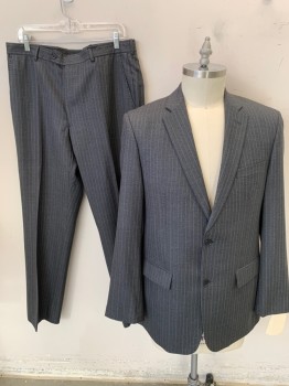 JOHN VARVATOS, Charcoal Gray, Lt Blue, Cream, Wool, Heathered, Stripes - Vertical , 2 Buttons,  Notched Lapel, 3 Pockets,