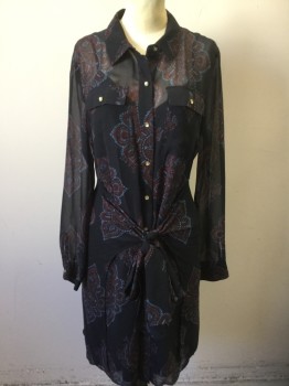 Womens, Dress, Long & 3/4 Sleeve, RACHEL ROY, Aubergine Purple, Red, Blue, Polyester, Paisley/Swirls, Medallion Pattern, 6, 2 Pieces, Navy Slip, Gold Button Front, Collar Attached, 2 Faux Pockets, Odd Extra Fabric That Covers the Butt and Ties in the Front