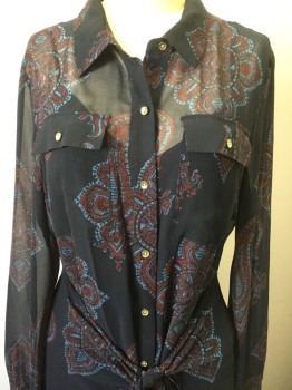 Womens, Dress, Long & 3/4 Sleeve, RACHEL ROY, Aubergine Purple, Red, Blue, Polyester, Paisley/Swirls, Medallion Pattern, 6, 2 Pieces, Navy Slip, Gold Button Front, Collar Attached, 2 Faux Pockets, Odd Extra Fabric That Covers the Butt and Ties in the Front