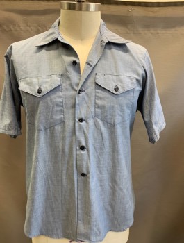 Mens, Casual Shirt, BIG SMITH, Blue, Cotton, Solid, XL, Blue Top Stitching  with Blue Buttons Stain on CB of Shirt Yellow Stain