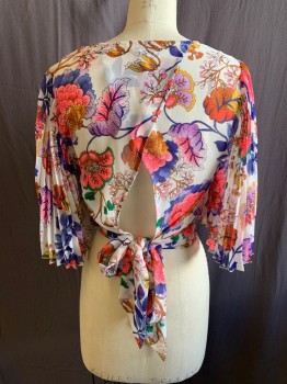 Womens, Top, EXPRESS, White, Dk Purple, Orange, Goldenrod Yellow, Neon Pink, Polyester, Floral, S, Surplice, 3/4 Pleated Sleeves, Open Back, Self Belt Waist