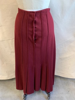 NL, Red Burgundy, Wool, Two Tuck Pleat, Off Center Seam Creating a Fold Like Look, 1 Fabric Covered Button, Back Vertical Seams, Hook & Eye Back, Pleated Hem, Floor Length Hems