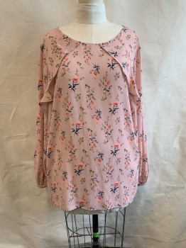 Womens, Blouse, WORTHINGTON, Lt Pink, Multi-color, Polyester, Floral, 2X, Round Neck, L/S, Ruffle Layers at Bust, Keyhole Back, Coral Flowers, Blue and Green Stems