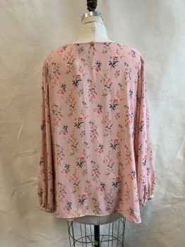 Womens, Blouse, WORTHINGTON, Lt Pink, Multi-color, Polyester, Floral, 2X, Round Neck, L/S, Ruffle Layers at Bust, Keyhole Back, Coral Flowers, Blue and Green Stems