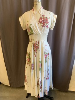 JONATHAN LOGAN, Eggshell White, Maroon Red, Tan Brown, Olive Green, Pink, Poly/Cotton, Geometric, Abstract , Surplice Bodice with Stand Up Collar, Cuffed S/S, Elastic/Smocked Waistband, Attached Circle Skirt, Hem Below Knee, No Attached Belt