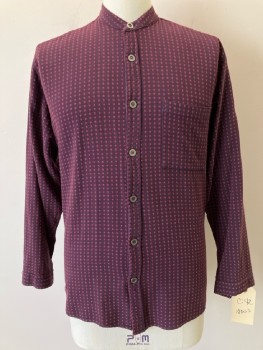 N/L, Maroon Red, Mauve Pink, Cotton, Dots, Repeating X's Pattern, Gauze, L/S, Button Front, Band Collar, 1 Patch Pocket