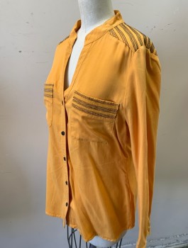 MOODS OF NORWAY, Turmeric Yellow, Tencel, Beaded, Solid, Long Sleeves, Button Front, Band Collar, V-neck, Tiny Brown Seed Bead Stripes at 2 Pockets and Back Shoulders