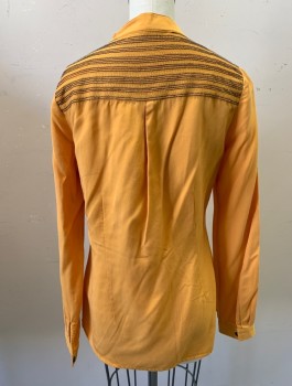 Womens, Blouse, MOODS OF NORWAY, Turmeric Yellow, Tencel, Beaded, Solid, XS, Long Sleeves, Button Front, Band Collar, V-neck, Tiny Brown Seed Bead Stripes at 2 Pockets and Back Shoulders