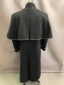 Mens, Coat, Doorman, UNIFORMS TO YOU , Black, Wool, 42, C.A., Hook & Eye At Neck, Double Breasted, Button Front, Detachable Caplet, Gold Metallic Trimming