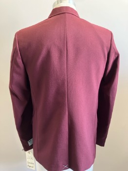 EXECUTIVE APPAREL, Maroon Red, Polyester, Solid, SB. 2 Btns, Notched Lapel, 2 Flap Pkts, 1 Chest Welt Pocket, CB Vent