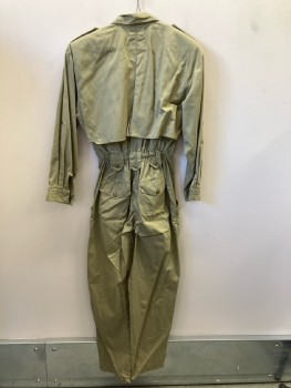 SK & COMPANY, Khaki Brown, Cotton, Solid, C.A., Notched Lapel, L/S, B.F., Epaulets, 6 Pckts, Belt Loops, Zip Fly, Back Elastic Waist Band, Matching Belt