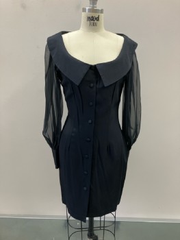 PARIS BLUES, Black, Acetate, Rayon, Solid, B.F., Wide Scoop Neck with Poined Collar, Sheer L/S, with 3 Button Cuffs, Fitted